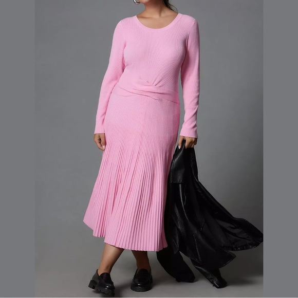 Anthropologie Long Sleeve Ribbed Sweater Midi Dress - Bubblegum Pink – Size XL - Picture 1 of 13